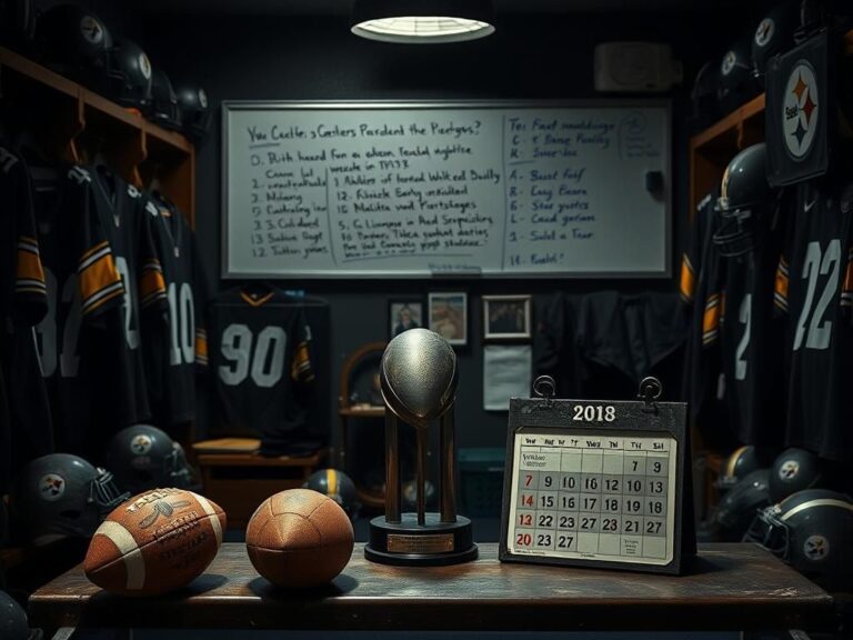Flick International Dimly lit locker room filled with Pittsburgh Steelers memorabilia symbolizing a storied past