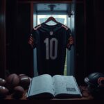 Flick International Chicago Bears football jersey hung in a dim locker room