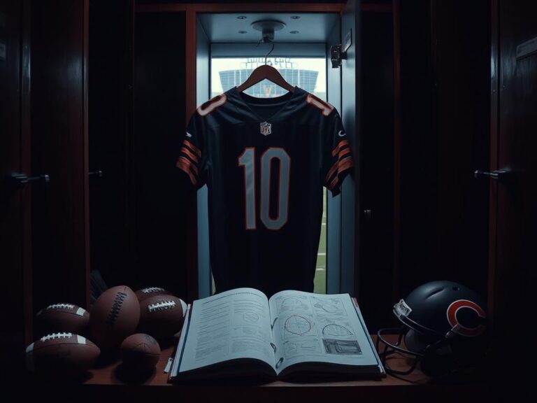 Flick International Chicago Bears football jersey hung in a dim locker room