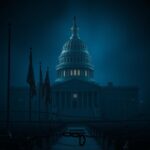 Flick International Darkened U.S. Capitol building with flags at half-mast and barbed wire shadows