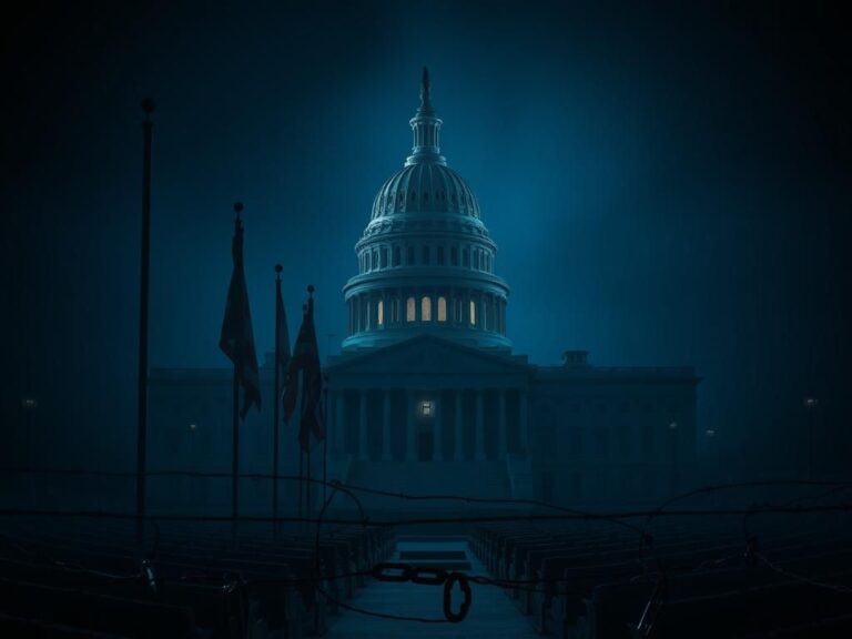 Flick International Darkened U.S. Capitol building with flags at half-mast and barbed wire shadows