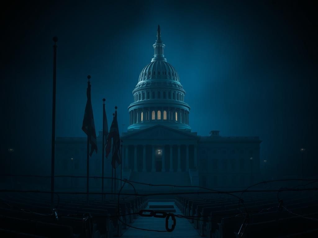 Flick International Darkened U.S. Capitol building with flags at half-mast and barbed wire shadows