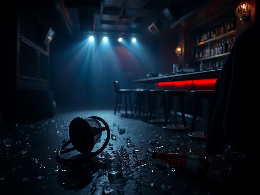 Flick International Dramatic interior of a dimly lit London nightclub with broken glass and overturned furniture