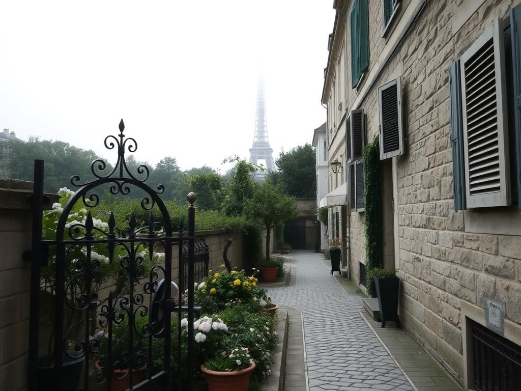 Flick International Serene Parisian street with a charming wrought-iron gate and blooming flowers