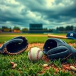 Flick International dramatic scene depicting the collision of Carlos Correa and Byron Buxton in the outfield with gloves and a baseball on the grass