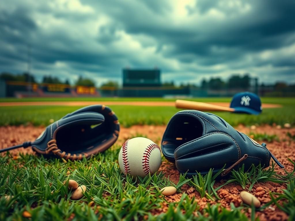 Flick International dramatic scene depicting the collision of Carlos Correa and Byron Buxton in the outfield with gloves and a baseball on the grass