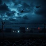 Flick International Military base silhouette at twilight with ominous storm clouds
