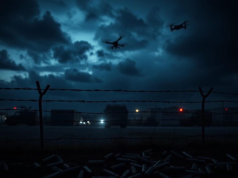 Flick International Military base silhouette at twilight with ominous storm clouds