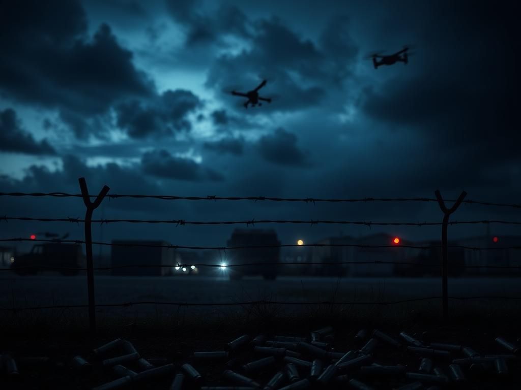 Flick International Military base silhouette at twilight with ominous storm clouds