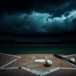 Flick International Dark and moody baseball stadium scene with home plate