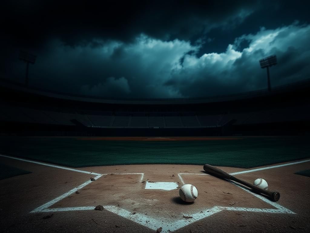 Flick International Dark and moody baseball stadium scene with home plate