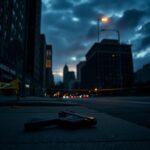 Flick International Shadowy outline of an abandoned gun at a deserted street corner in Minneapolis, marked by police tape