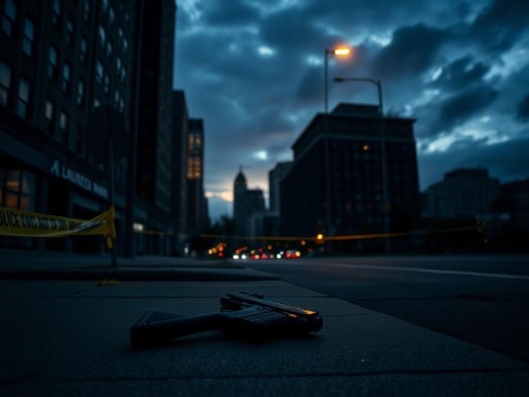 Flick International Shadowy outline of an abandoned gun at a deserted street corner in Minneapolis, marked by police tape