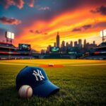 Flick International A vibrant sunset view of Yankee Stadium with a Mets cap in the foreground