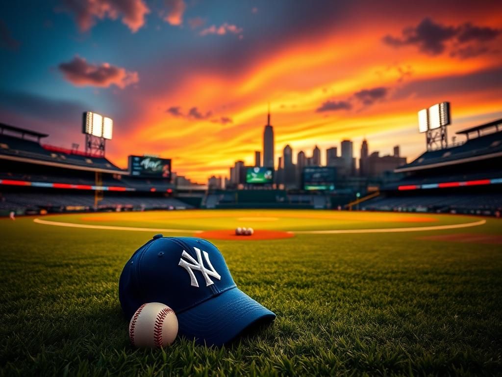 Flick International A vibrant sunset view of Yankee Stadium with a Mets cap in the foreground
