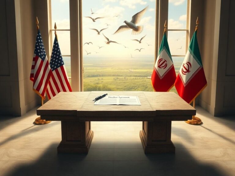 Flick International Diplomatic negotiations represented by a large stone table with US and Iran flags and an open nuclear agreement document.