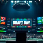 Flick International Dramatic empty podium at NFL Draft with microphone symbolizing anticipation
