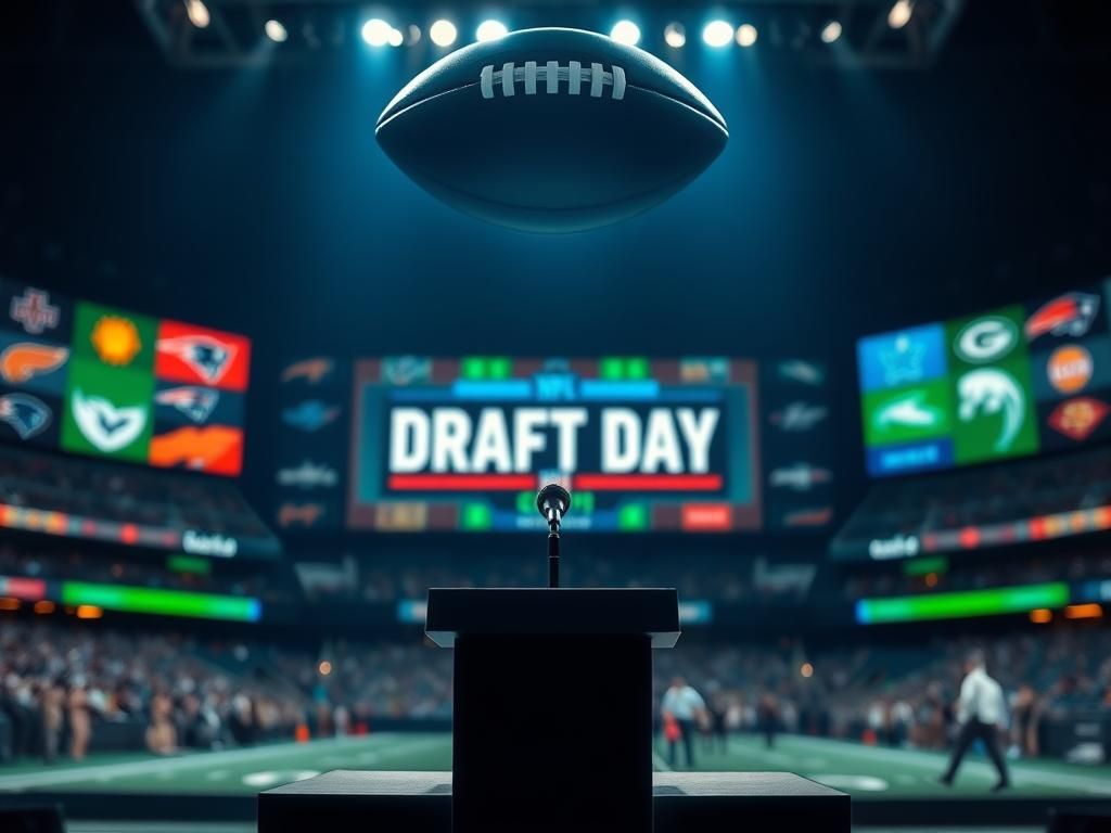 Flick International Dramatic empty podium at NFL Draft with microphone symbolizing anticipation