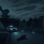 Flick International dark and moody landscape of a quiet suburban neighborhood at dusk with visible crime scene tape and police car