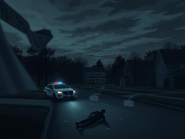 Flick International dark and moody landscape of a quiet suburban neighborhood at dusk with visible crime scene tape and police car