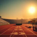 Flick International Dramatic view of a track and field stadium under a scorching sun with protest signs
