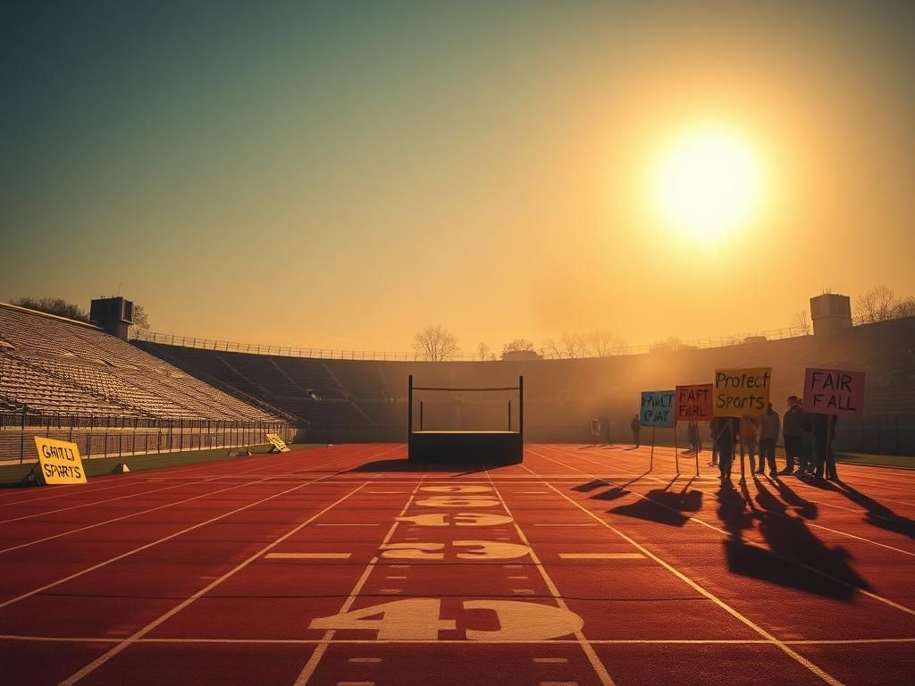 Flick International Dramatic view of a track and field stadium under a scorching sun with protest signs