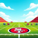 Flick International Illustration of a football field featuring the San Francisco 49ers logo with NFL team helmets and statistics.