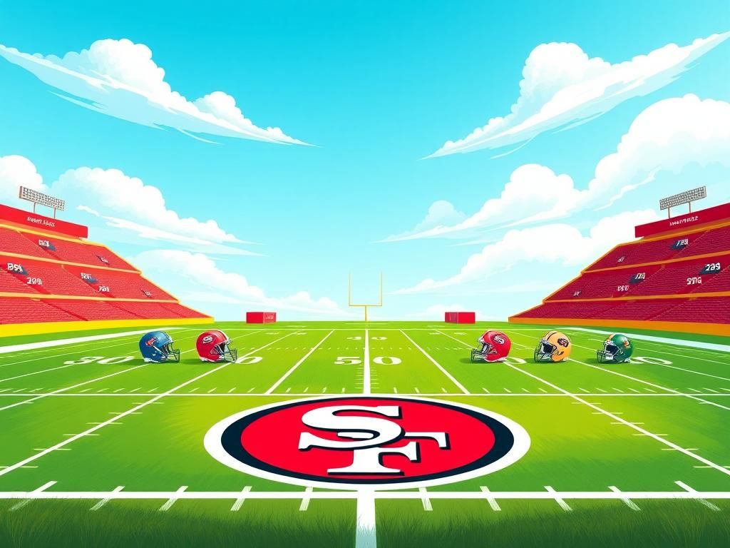 Flick International Illustration of a football field featuring the San Francisco 49ers logo with NFL team helmets and statistics.