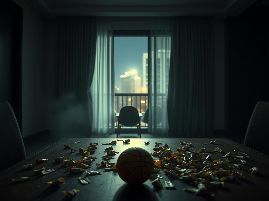 Flick International Dimly lit upscale apartment in Jakarta with cannabis candy wrappers and a deflated basketball