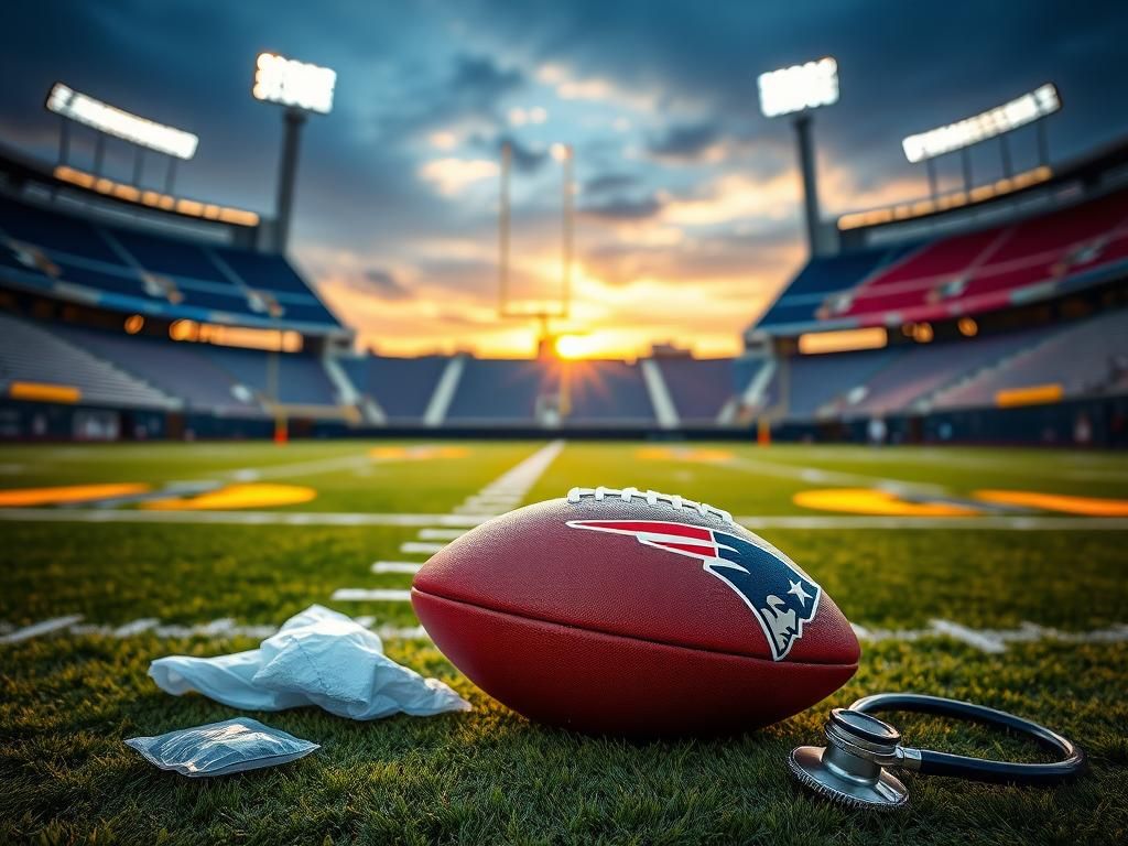 Flick International A close-up of a football on a New England Patriots field amidst medical supplies, symbolizing readiness after health challenges.