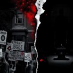 Flick International A divided political landscape featuring protest signs with antisemitic messages contrasted by an empty podium in a dark room
