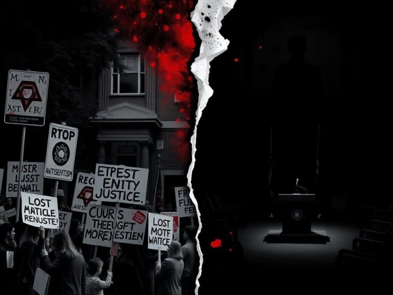 Flick International A divided political landscape featuring protest signs with antisemitic messages contrasted by an empty podium in a dark room