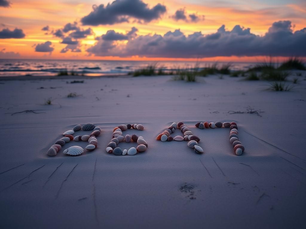 Flick International A desolate beach scene at sunset with seashells forming the numbers '8647'.