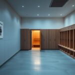 Flick International Interior of a high-end fitness gym locker room with empty wooden lockers and soft lighting