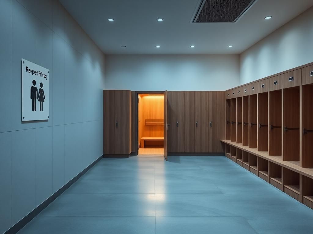 Flick International Interior of a high-end fitness gym locker room with empty wooden lockers and soft lighting