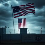 Flick International Dramatic border security facility with barbed wire and stormy skies