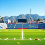 Flick International A flag football field in Los Angeles with iconic landmarks like the Hollywood sign in the background.