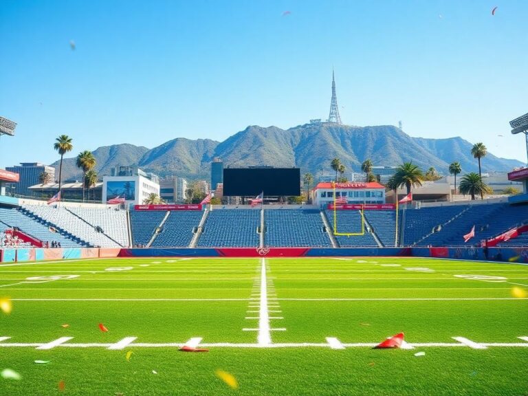 Flick International A flag football field in Los Angeles with iconic landmarks like the Hollywood sign in the background.