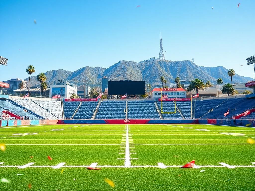 Flick International A flag football field in Los Angeles with iconic landmarks like the Hollywood sign in the background.
