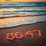 Flick International Beach scene at sunset with seashells forming '86 47' in the sand