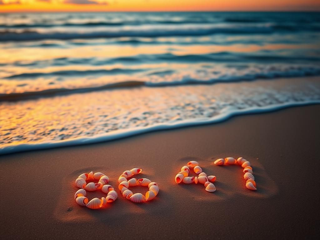 Flick International Beach scene at sunset with seashells forming '86 47' in the sand