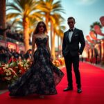 Flick International Blurry silhouette of a glamorous couple resembling Jeff Bezos and Lauren Sánchez at Cannes.