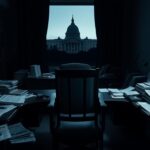 Flick International Dimly lit office with cluttered desk and political books, symbolizing uncertainty in politics