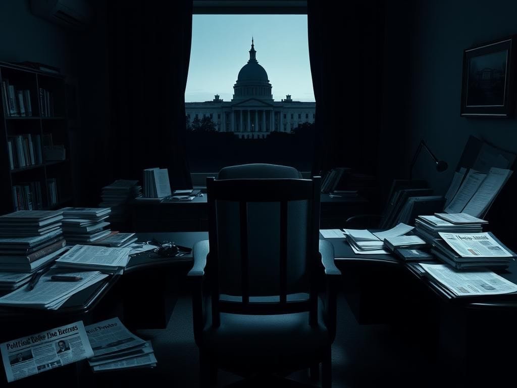 Flick International Dimly lit office with cluttered desk and political books, symbolizing uncertainty in politics