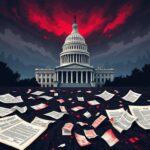 Flick International A stylized depiction of the U.S. Capitol building under stormy skies, illustrating political conflict.