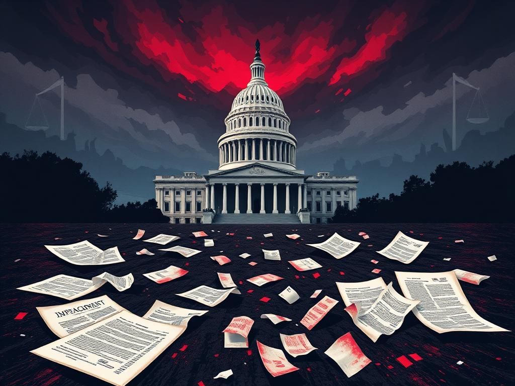 Flick International A stylized depiction of the U.S. Capitol building under stormy skies, illustrating political conflict.