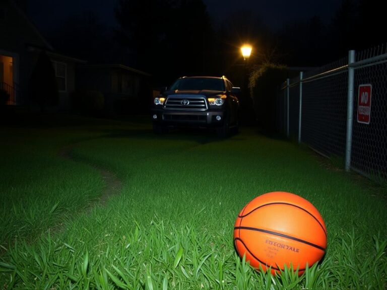 Flick International A suburban front yard at dusk with a parked Toyota Sequoia and an abandoned basketball.