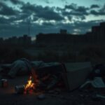 Flick International A burnt cardboard box symbolizing a recent violent incident in a homeless encampment