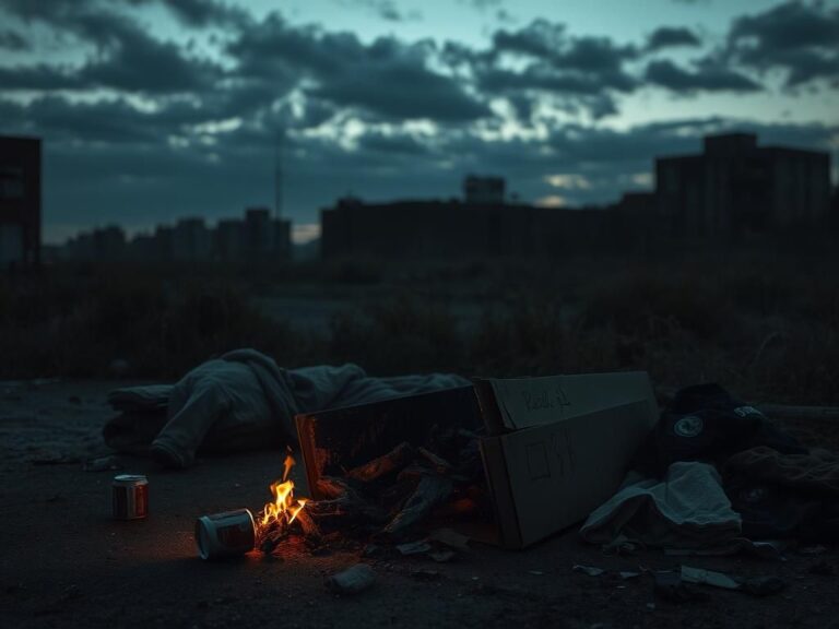 Flick International A burnt cardboard box symbolizing a recent violent incident in a homeless encampment