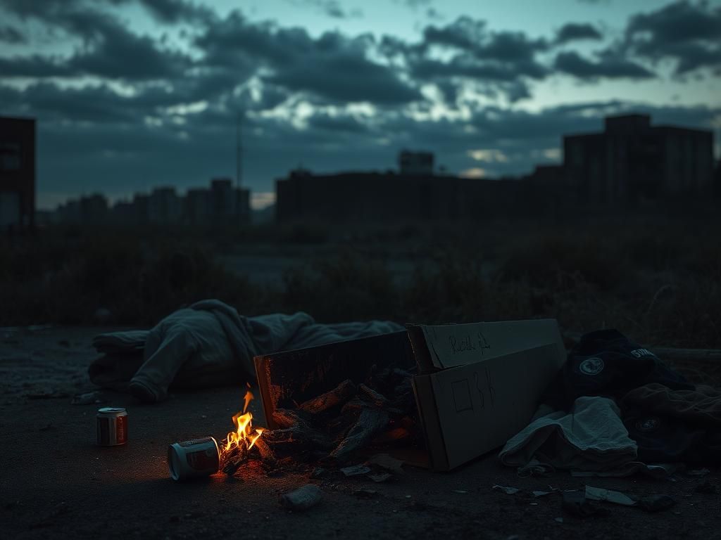 Flick International A burnt cardboard box symbolizing a recent violent incident in a homeless encampment